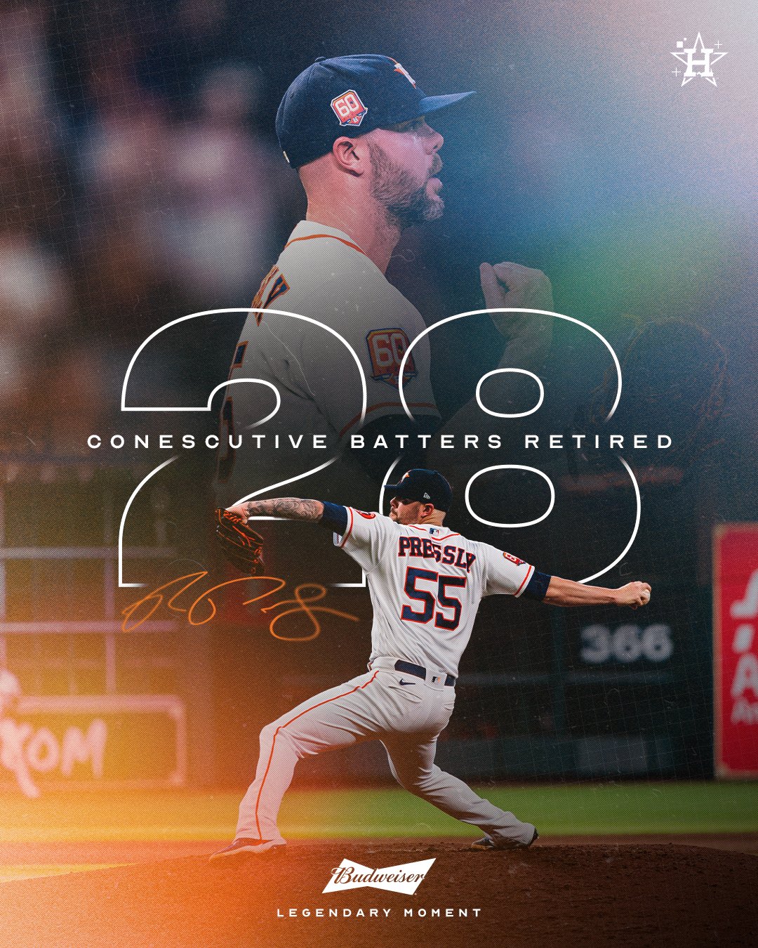 Houston Astros on X: Ryan Pressly has retired 28 consecutive batters, a  franchise record! #LevelUp x @budweiserusa  / X