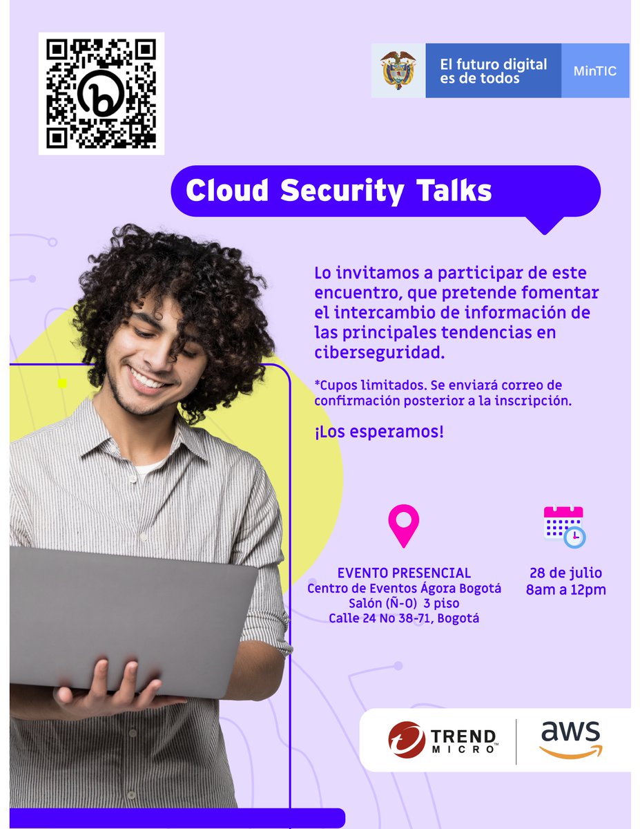Ministerio_TIC's tweet photo. 📢 #Entérate I 🔵 El #Cloudsecuritytalks será un espacio presencial para nutrir conocimientos en materia de seguridad digital ¡Haz tu registro y fortalece tus conocimientos en temas de ciberseguridad!👉🏻https://t.co/FdLJy3Cn2y https://t.co/OXbWVmJzmH