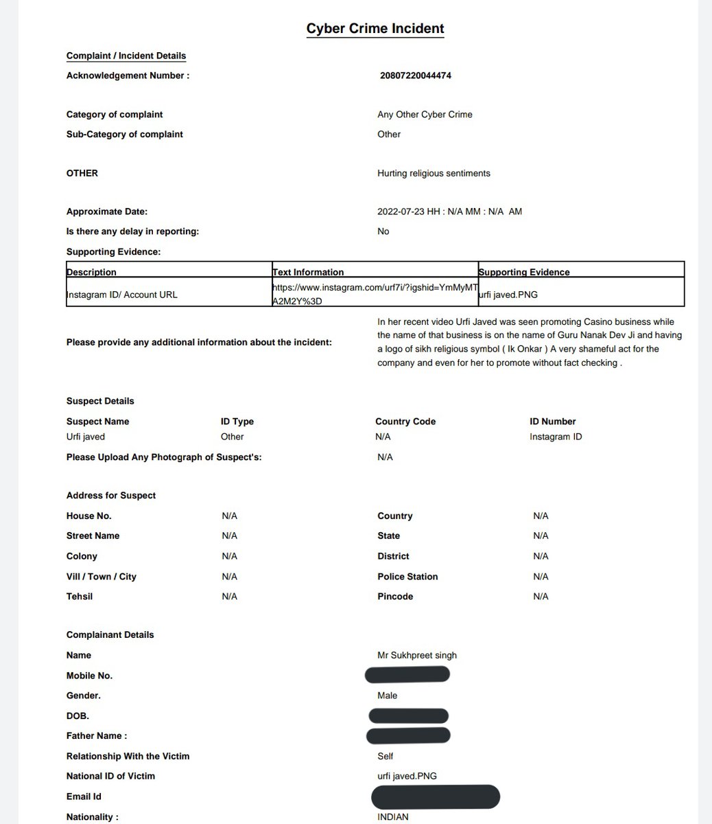 Today I filed a complaint against Urfi Javed through online medium.  Requested <a href="/DelhiPolice/">Delhi Police</a> <a href="/HMOIndia/">गृहमंत्री कार्यालय, HMO India</a> please take strict action against actress Urfi javed at the earliest.

#urfijaved