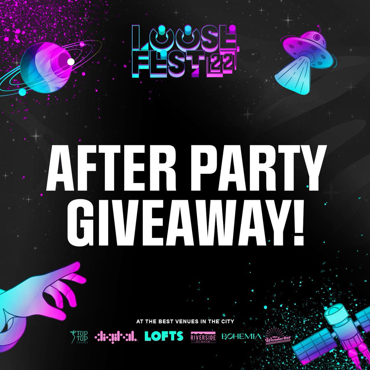 🌈⚡️ AFTER PARTY COMPETITION

Our final competition, so here’s your final chance to get lucky guys!

10 GROUPS CAN WIN FREE ENTRY TO ANY AFTER PARTY OF THEIR CHOICE 😍

TO WIN:

📲 RT!
📲 Follow us <a href="/loosefest/">LooseFest</a>

Winners will be announced Wed 7pm, good luck on our final giveaway 💞