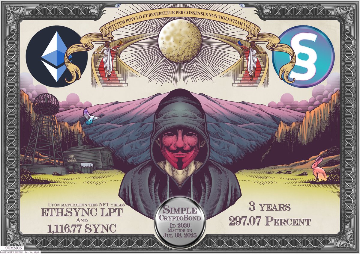 Donated #CryptoBond no. 2030 to 
<a href="/whalesonly1/">the weather man 🌪️⚡️🌤️☀️</a> with $ETH / $SYNC LPT plus an equal amount of $SYNC. Upon maturation in 3 years this #NFT yields 297% additional $SYNC!  Plus a free copy on #PulseChain 

view.syncbond.com/?id=2030

Create #CryptoBond's at syncbond.com