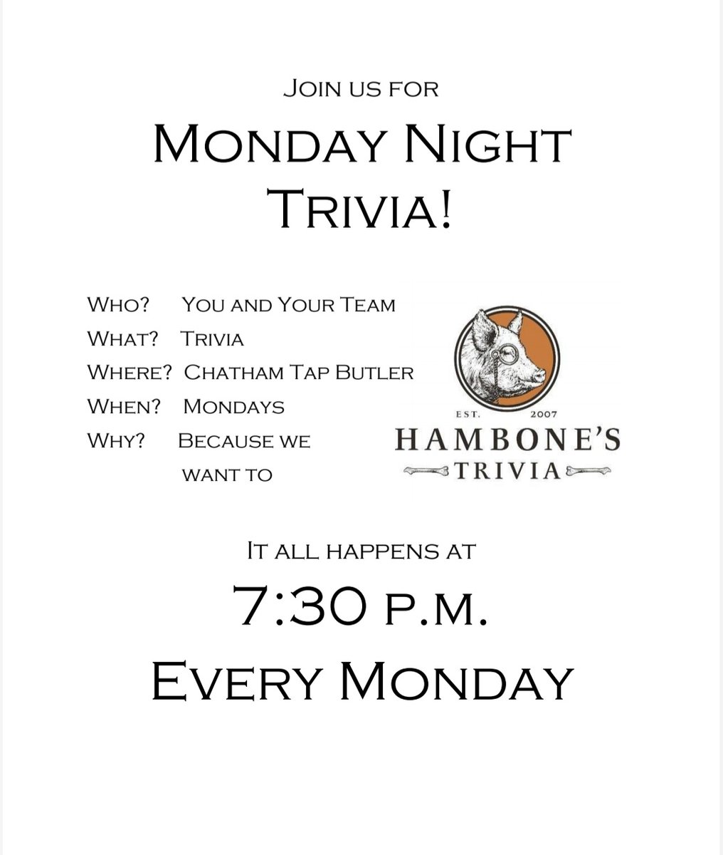ChathamButler's tweet photo. Come test your mental mettle! You and your team just may be able to pull it off and win! Prizes go out to first and second placed teams. I believe in you. #hambonestrivia #butleruniversity #butlertarkington #trivianight #trivia https://t.co/XtrLfYESbQ