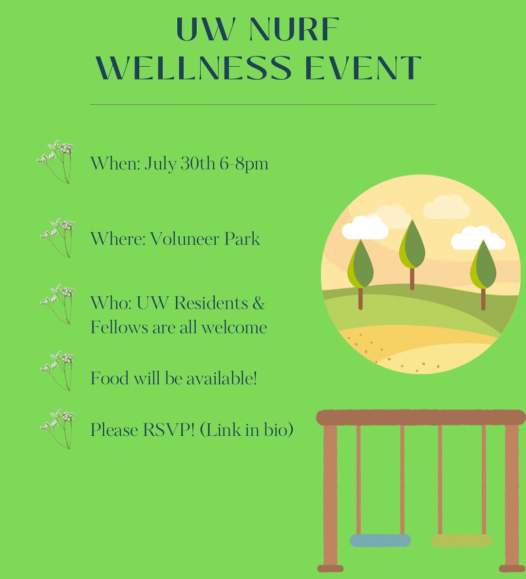 UW_NURF's tweet photo. Join us for our Wellness Event at Volunteer Park on July 31st from 6-8pm! ☀️ 
RSVP with the link below 🎟 

https://t.co/dTByJKE7q5 https://t.co/XPmMRQaNrV