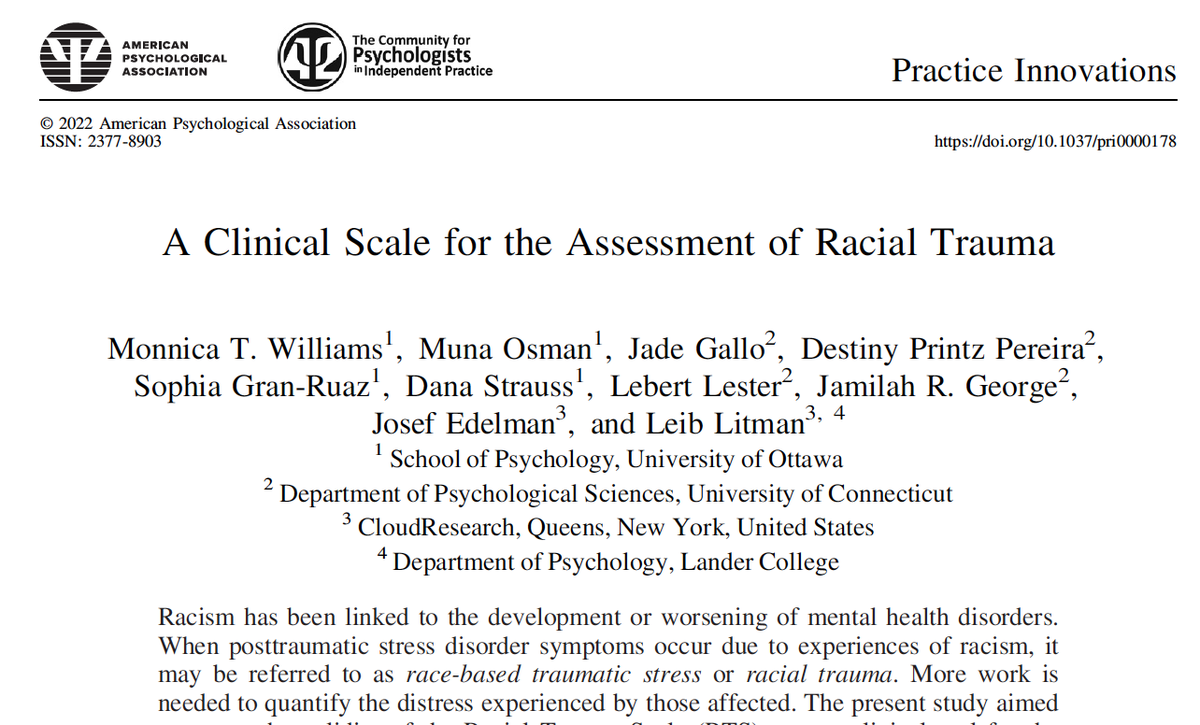 DrMonnica's tweet photo. We are excited to announce the publication of our new clinical tool, the Racial Trauma Scale, the product of several years of work &amp; validated in a national sample. Check it out now at Practice Innovations @drmonnica @apa #racialtraumaisreal https://t.co/ZTIaLPHXT5 https://t.co/A09J438jOm