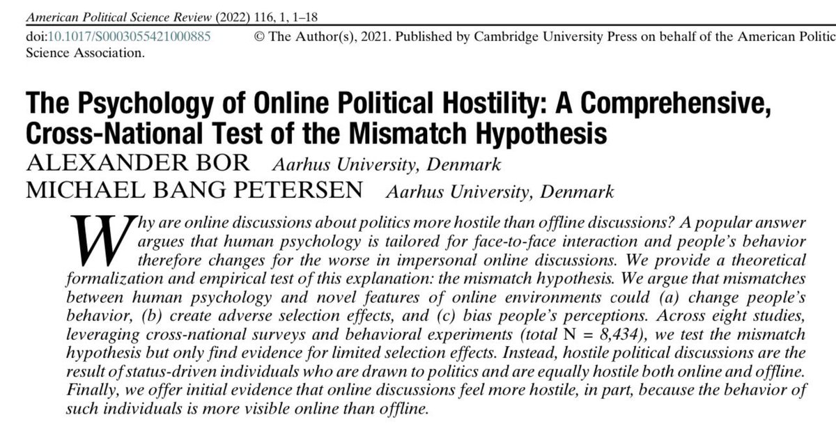 emollick's tweet photo. Two useful new papers on politics &amp; Twitter:
😈Political discussions are especially hostile because they draw in status-hungry individuals who like to offend. These people act the same way offline
🤷Most Americans on Twitter are uninterested in politics &amp; have very centrist feeds https://t.co/Nldb2tvWGE