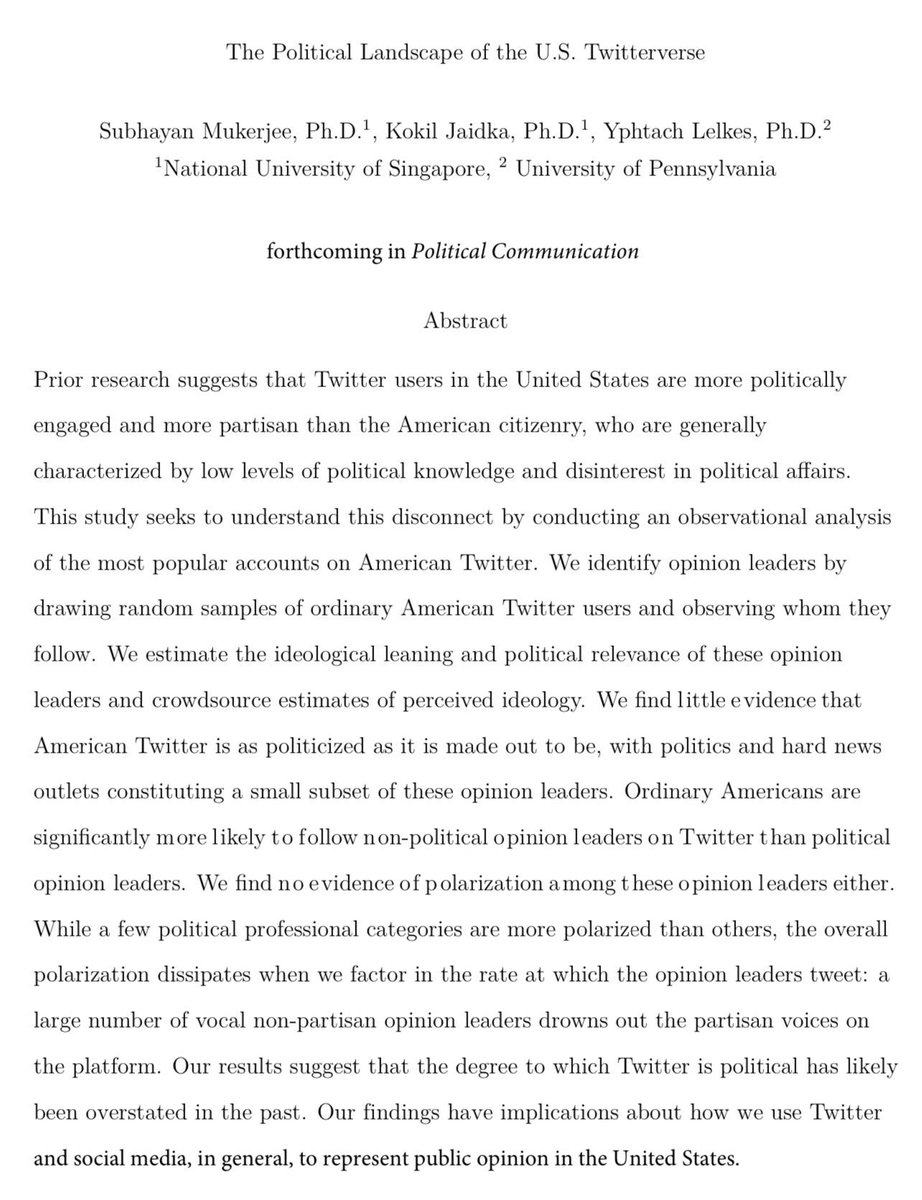 emollick's tweet photo. Two useful new papers on politics &amp; Twitter:
😈Political discussions are especially hostile because they draw in status-hungry individuals who like to offend. These people act the same way offline
🤷Most Americans on Twitter are uninterested in politics &amp; have very centrist feeds https://t.co/Nldb2tvWGE