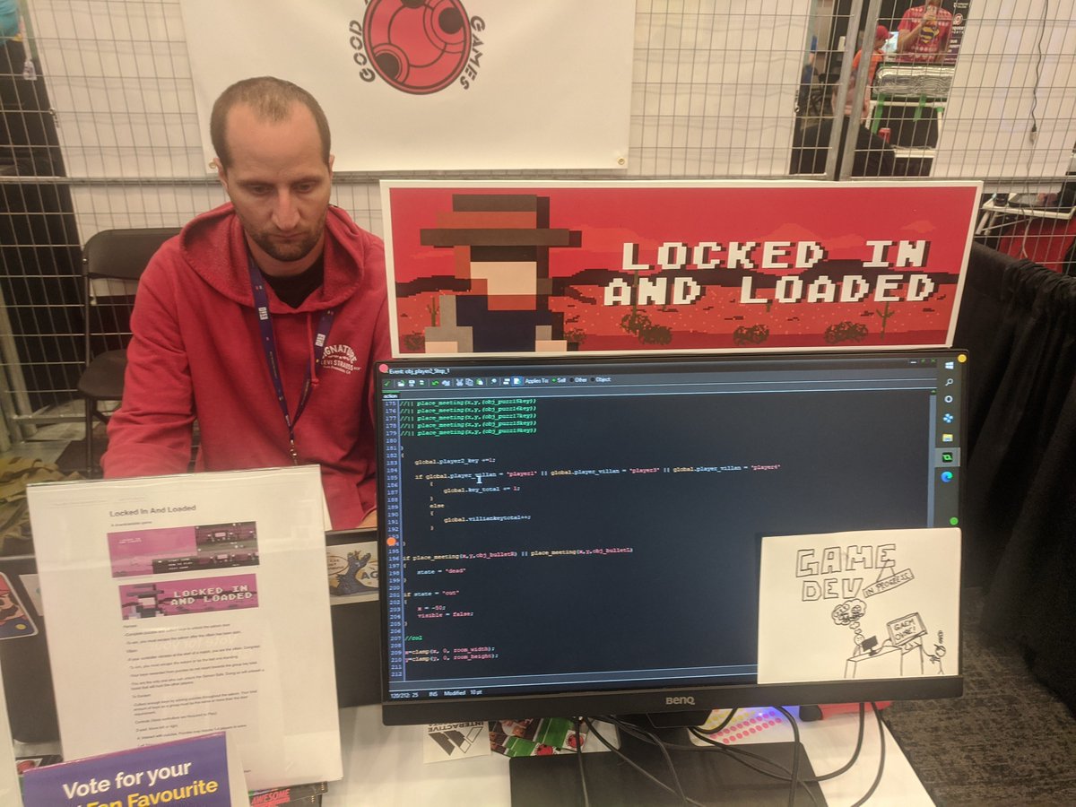 GoodAgreeGames's tweet photo. Come see some live game dev with our programmer Richard as he works on Locked in and Loaded.

Live at #GDX2022

#indiedev #kdays #Yeg https://t.co/vjnVkHiZxy