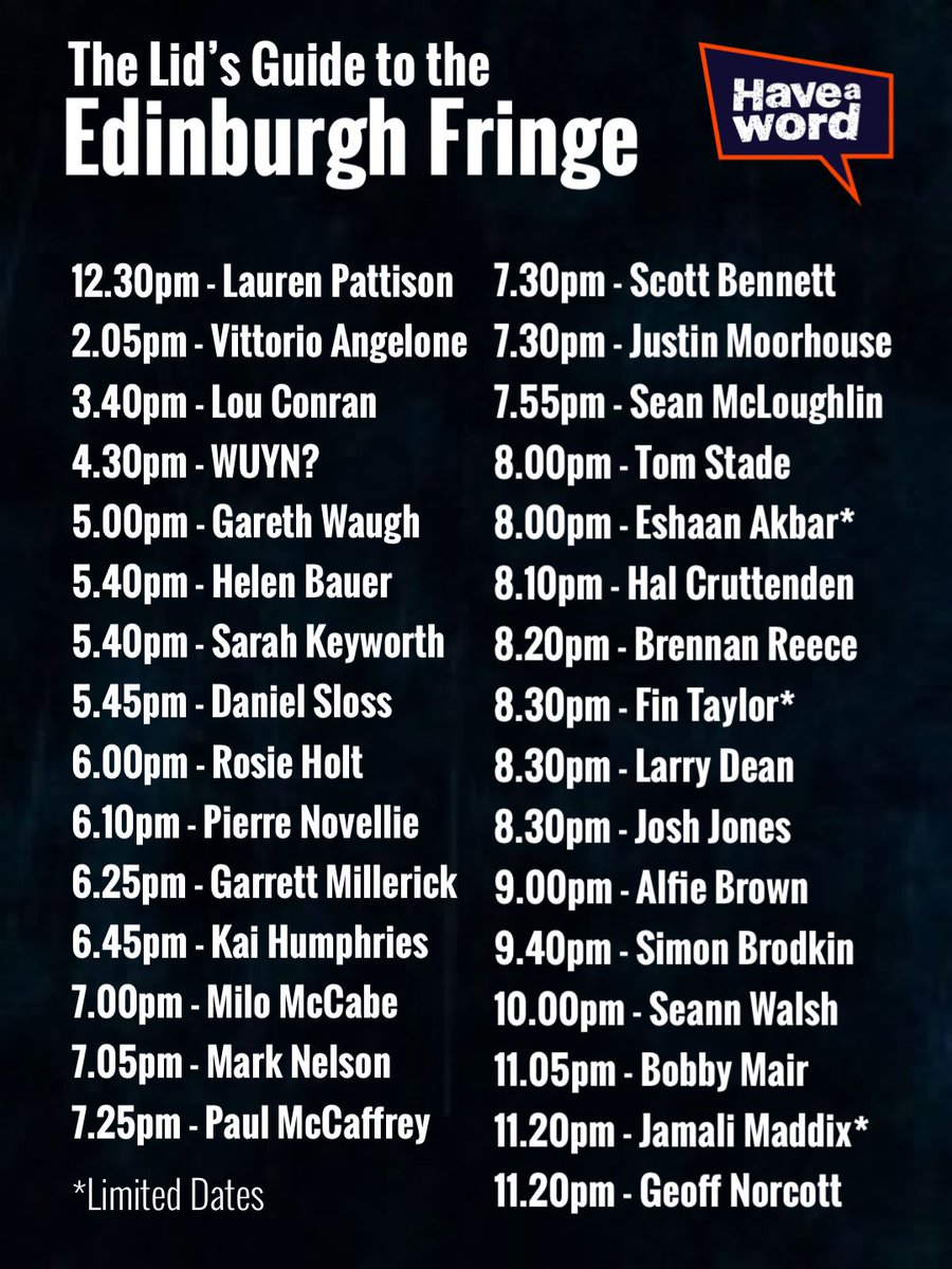 Haveawordpod's tweet photo. There's a lot of incredible former pod guests doing shows at this years Fringe. If you're going, check them out. And give this a retweet. 🙏🧡 https://t.co/TNkGxf5mAF