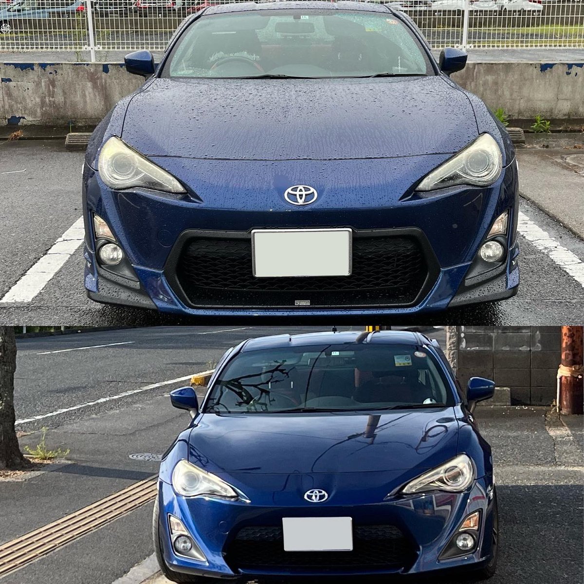 prostaffclassic's tweet photo. 購入時のほぼノーマル(下)と今回取り付けたTRDエアロ仕様との比較。＃トヨタ86 #86乗りと繋がりたい ＃86前期 #86gt #TRD #ギャラクシーブルーシリカ https://t.co/l9lY22VZEM