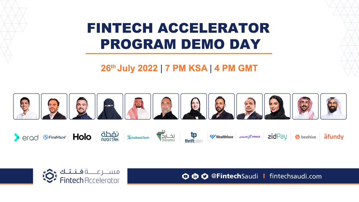 FintechSaudi's tweet image. We are pleased to announce the launch of the Demo Day for the #FintechAccelerator program this Tuesday during which 12 exciting #fintech companies will present their solutions. Register to join the live stream through the link below
eventbrite.com/e/streaming-fi…