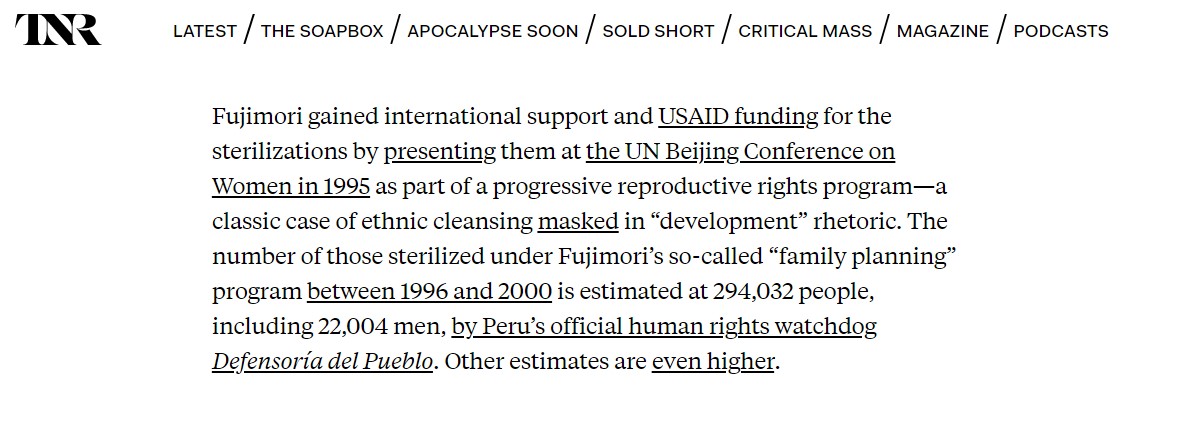 BenjaminNorton's tweet photo. Peru's far-right US-backed dictator Alberto Fujimori carried out genocide against Indigenous communities, sterilizing nearly 300,000 people.

His sterilization of Indigenous women received funding from the US Agency for International Development @USAID.

https://t.co/63yXrqNBGg https://t.co/NpQRkVZbt4