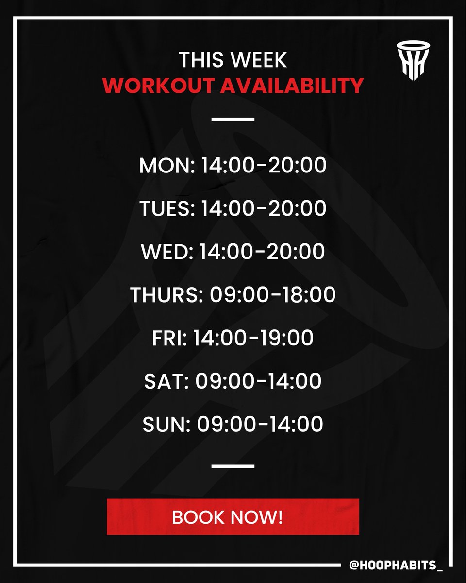 Our availability for this coming week! 🙌🏻 Get booked in while times are available! 

We are in Bristol on Thursday! 🏴󠁧󠁢󠁥󠁮󠁧󠁿🏀 Every other day we are in Cardiff &amp; South Wales! 🏴󠁧󠁢󠁷󠁬󠁳󠁿🏀

DM if you need help arranging courts! We can’t wait to get on court with you 👌🏼 hoophabits.co.uk/book