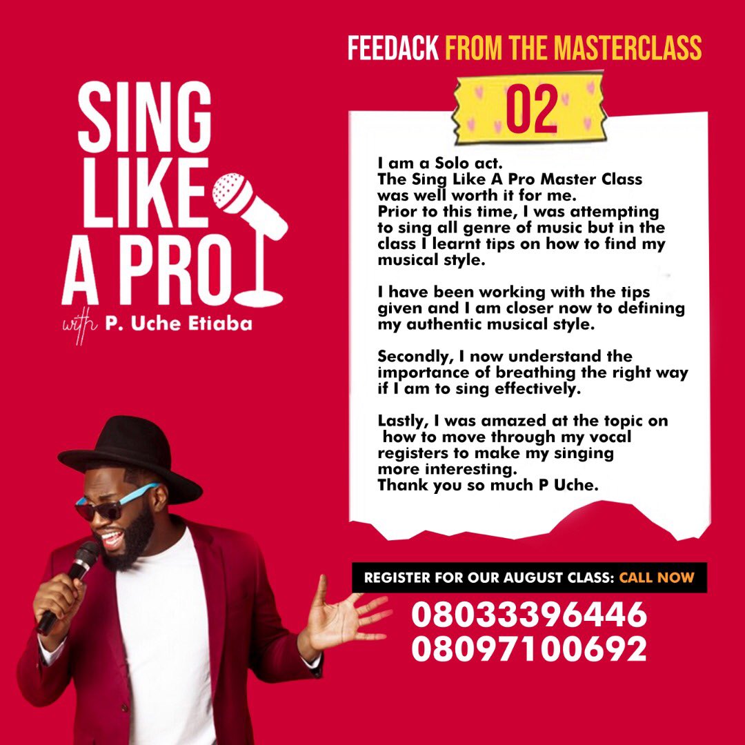 Selahbuzz1's tweet image. 🔊Hello‼️!

It's Day 2! 
Kindly see the testimonial...

#SingLikeApro
#makingimpact
#addingvalue 
#AugustMasterClass

Share to the singers in your space!🙂