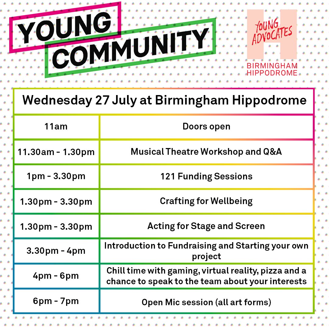 brumhippodrome's tweet photo. It's summer and almost the end of the month which can only mean one thing...

Young Community Drop-In Summer Session is next week ☀️

We have lots of sessions going on throughout the day which are FREE

For more information check out our website 👉 https://t.co/K4k6AJvsUW https://t.co/gcFj2Snv1E