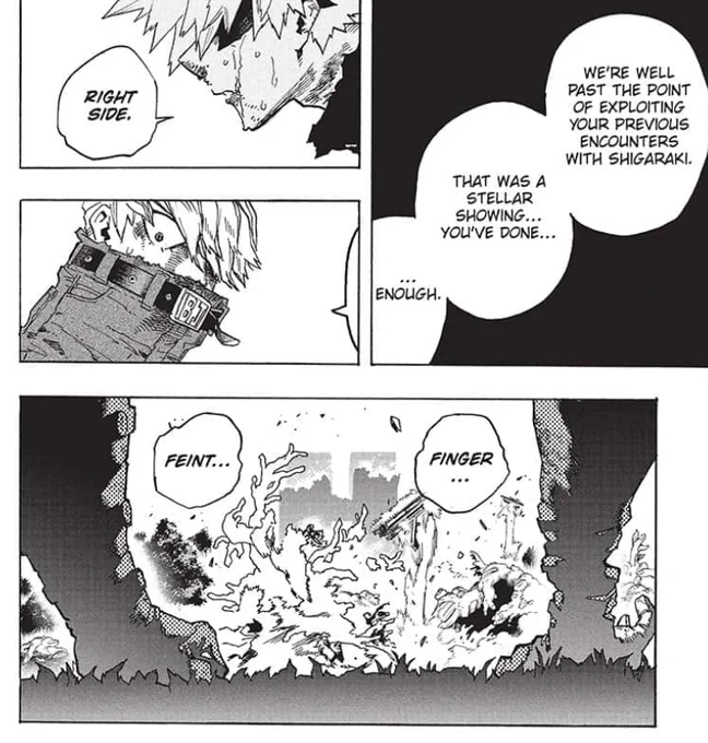 I really like that it's Bakugo, the master of feints and baits, who recognizes Shigaraki is hiding something by not using his right side. 