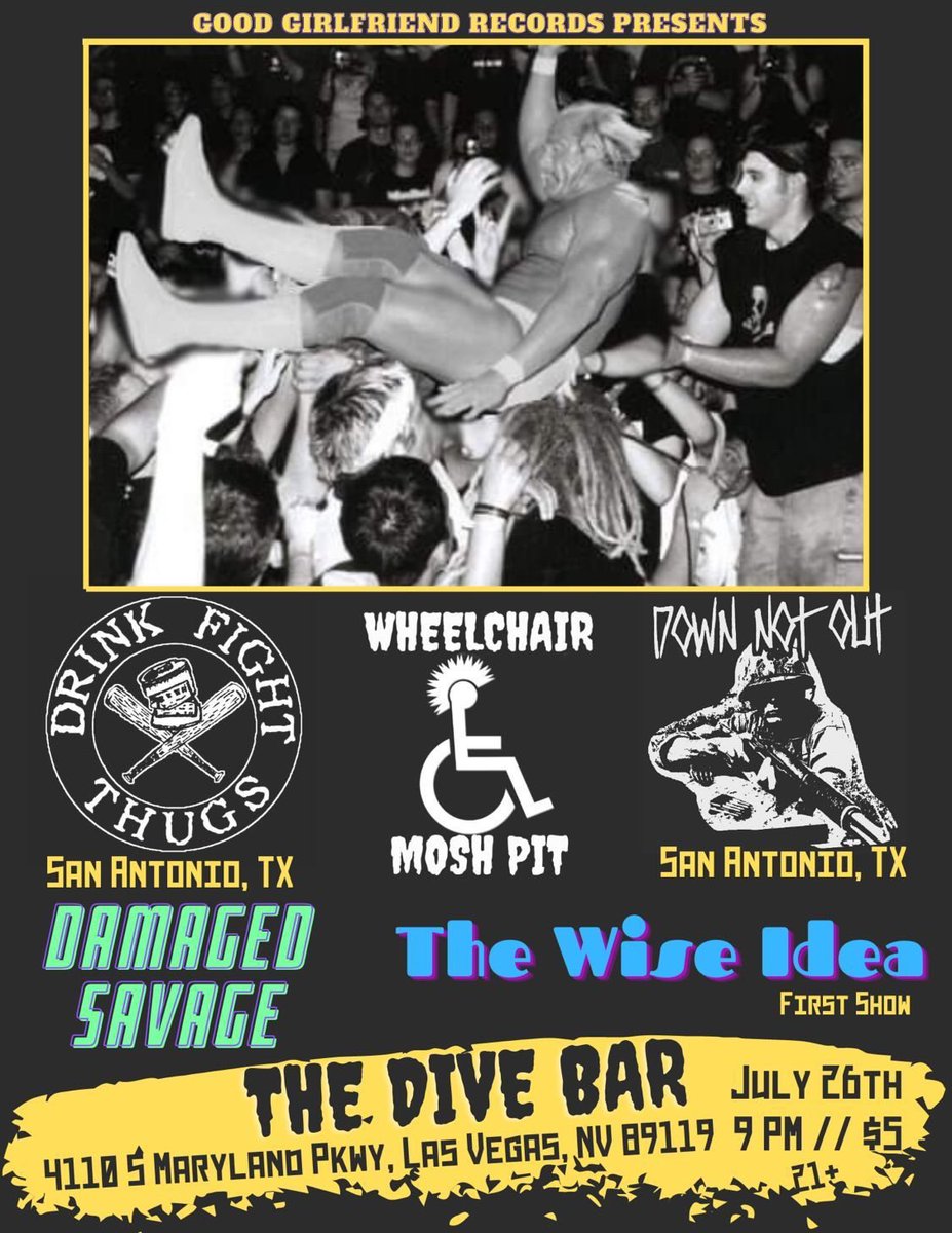 Damaged_Savage's tweet photo. Tuesday, come out to @the_dive_lv for an awesome night of live music!
We’ll be sharing the stage with @drink_fight_thugs @wheelchairmoshpit @downnotoutx and @the_wise_idea 
9pm - 21+
Presented by @goodgirlfriendrecords 
#lasvegas #divebar #thedive #punkrock #concert #tuesday https://t.co/ZXjSOrf9PR