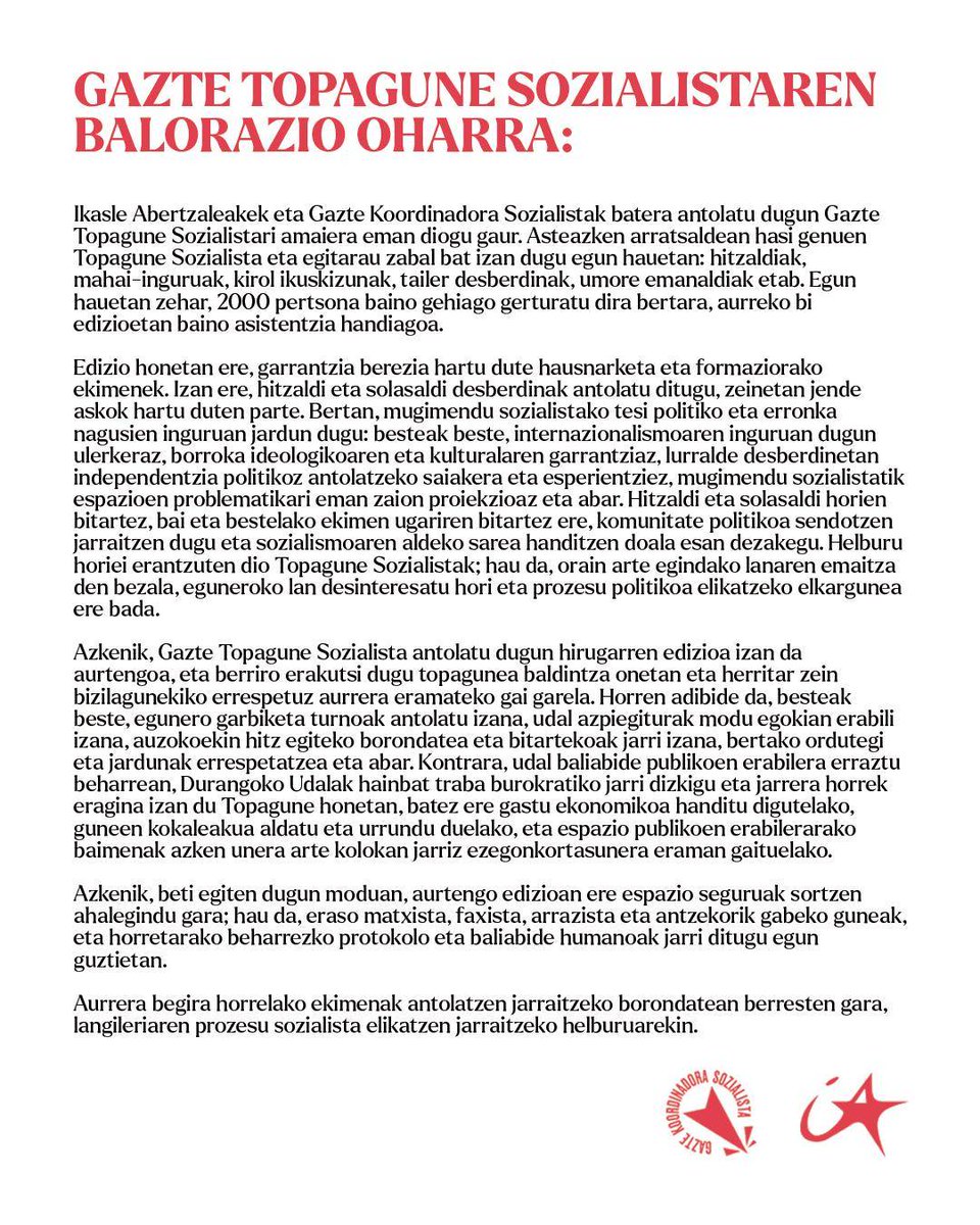 Bi mila pertsonatik gora elkartu gara Durangon, <a href="/GKSozialista/">Gazte Koordinadora Sozialista</a>|rekin batera antolatutako Gazte Topagune Sozialistan.

Sozialismoaren aldeko sarea hedatzen eta sendotzen ari da.

📄Hemen aurtengo #TPGNSozialista-ren balorazioa: