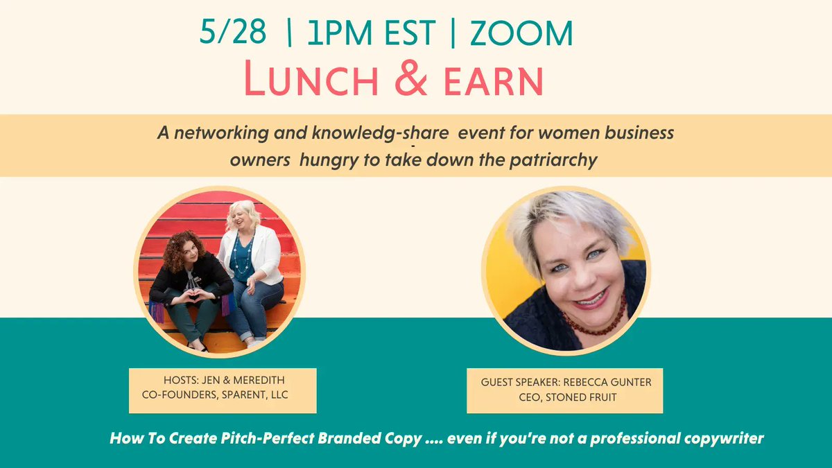 A #networking and knowledge share online event for #womenbusinessowners hungry to take down the patriarchy by feeding each others' success. 😎

Join us on Zoom for a lively presentation that will help you take your copywriting to the next level!  🍑🍒🥑 
buff.ly/3aWk3xR