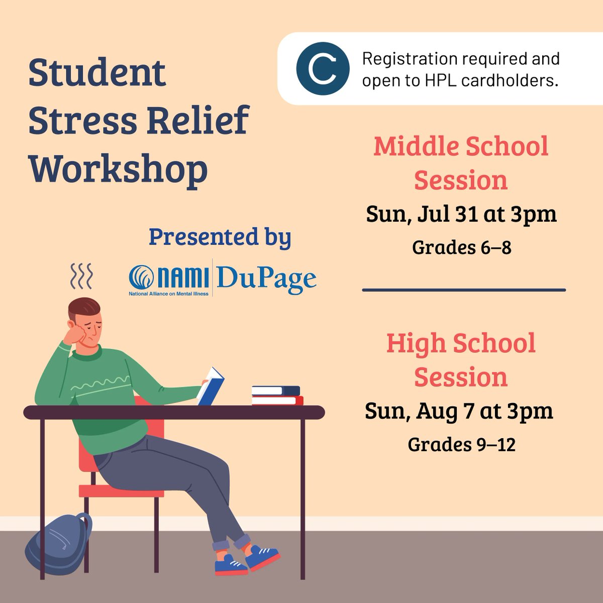 PlumLib's tweet image. Stressed about going back to school? Join us at the Library to learn about stress relief tactics from the National Alliance on Mental Illness of DuPage. Register for our Middle School Session or High School Session at helenplum.org.