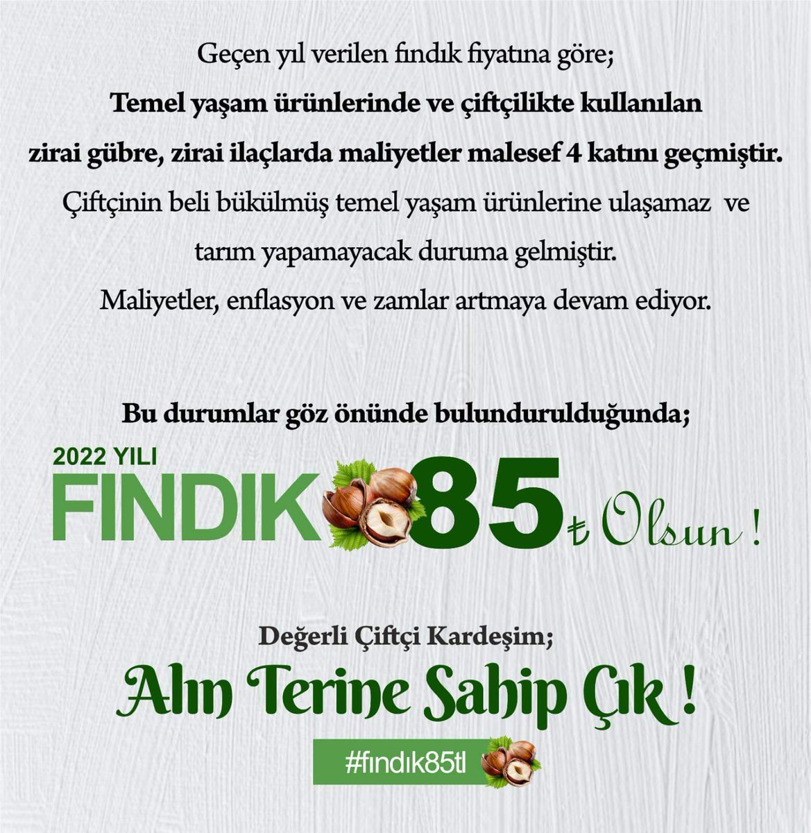 Ayaz yapar fındık yanar, yağmur yağar sel olur götürür, benzin zamlanır tırpan fiyatları artık her türlü kahrını çektiğimiz bizim dediğimiz tarım ürünümüzün fiyatındada söz sahibi yine biz olmalıyız
#fındıkfiyatı85 
<a href="/RTErdogan/">Recep Tayyip Erdoğan</a> 
<a href="/dijital/">Dijital</a> 
<a href="/BayraktarLutfi/">Lutfi Bayraktar</a> 
<a href="/fiskobirlik/">FİSKOBİRLİK</a> 
<a href="/OfisTMO/">Toprak Mahsulleri Ofisi</a>