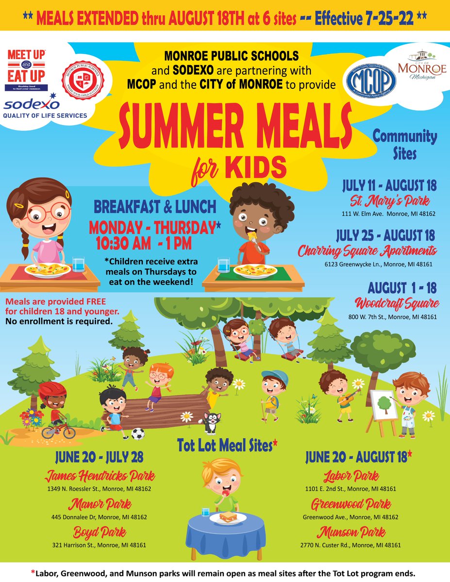 MonroeSchoolsMI's tweet image. Summer Meals have been extended through August 18th at six sites!  Effective July 25, 22, breakfast and lunch will be distributed from 10:30 am - 1 pm.  Please see the updated schedule for current sites and dates.  monroe.k12.mi.us/files/user/169…