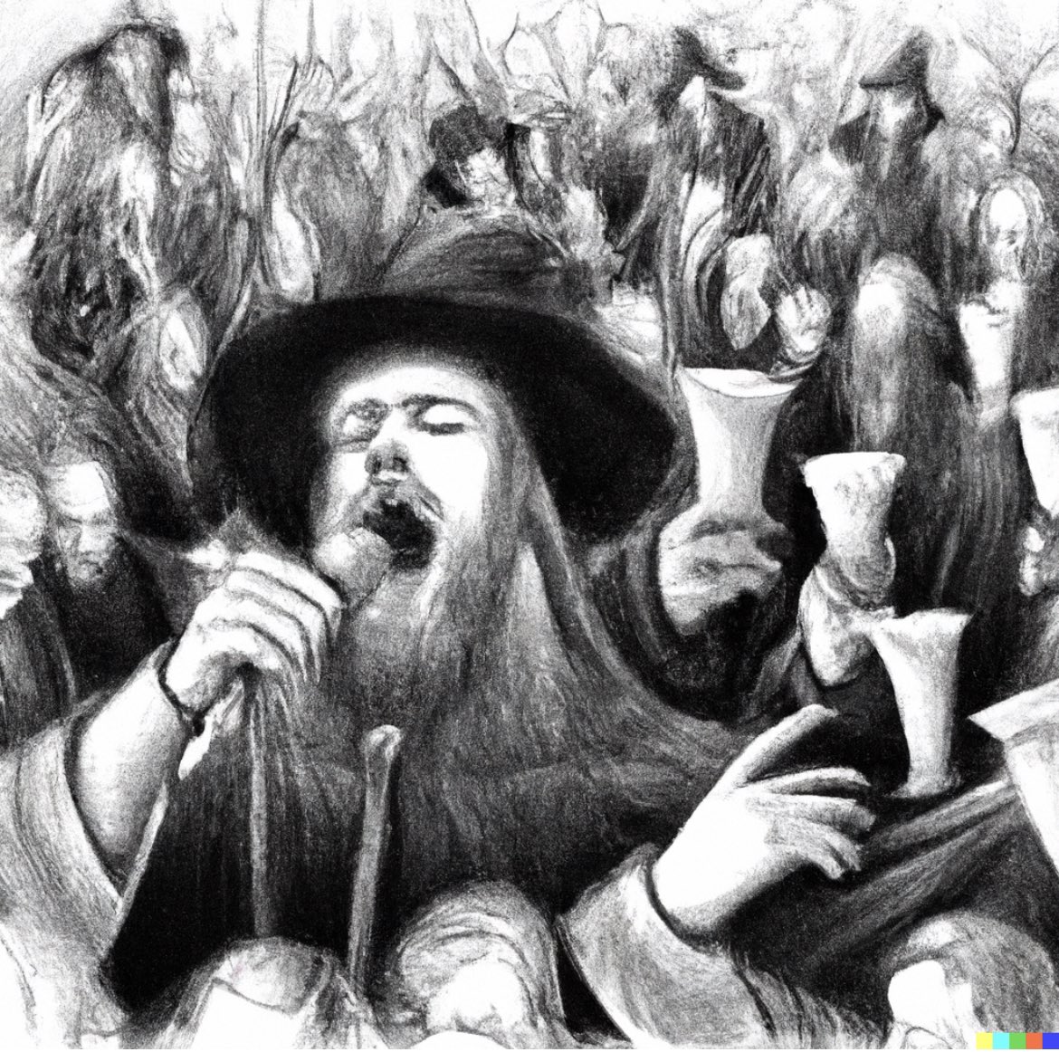 proofofmilk's tweet photo. Milk Guild! Our 40 bards finished travelling the land to sing about the combination of milk and cucumdogs! 
We were able to negotiate a some painting commissions of their exploits so we can use this material in various journals across the realm.
@forgottenrunes https://t.co/aZkh2ADqT8