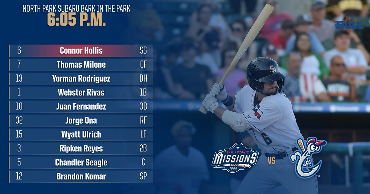 missionsmilb's tweet photo. Happy Sunday! Here is what the Missions are going with for the series finale against the Hooks. Make sure to bring your four-legged friends as it's @SubaruDominion Bark in the Park tonight! 6:05 first pitch. https://t.co/7pKeNHT64Y