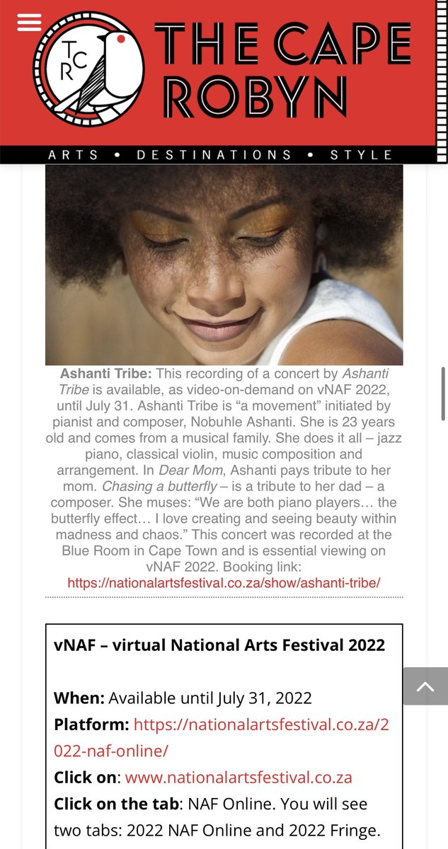 ￼ 🎼🎥🇿🇦 Ashanti Tribe: available, on vNAF #NAF2022 @artsfestival #itwillchangeyou, until July 31. Recorded at the Blue Room in Cape Town -essential viewing. @StandardBankArt thecaperobyn.co.za/insight-harnes…