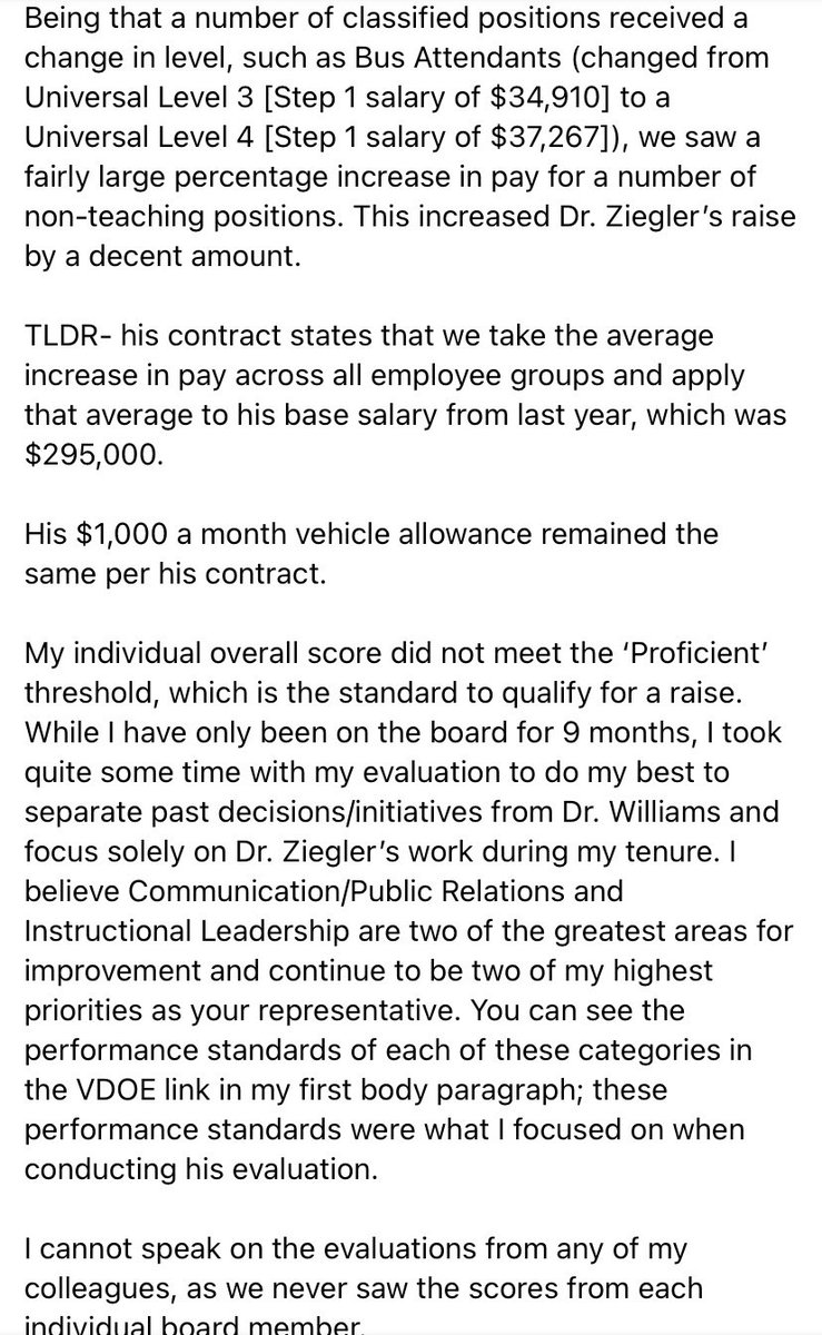 Please see below for information regarding the process behind Dr. Ziegler’s evaluation, the calculation of his raise, and why my individual evaluation did not meet the threshold to qualify for a raise.

doe.virginia.gov/teaching/perfo…