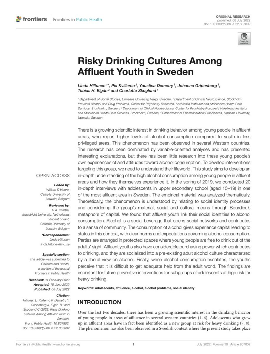 BorgSkoglund's tweet photo. 📍NEW RESEARCH📍
Affluent youth link their alcohol use to social identity, social capital and peer status. Importantly, when alcohol consumption escalates, they find it difficult to get help. @karolinskainst @systembolaget https://t.co/tO3bY7x3Q4