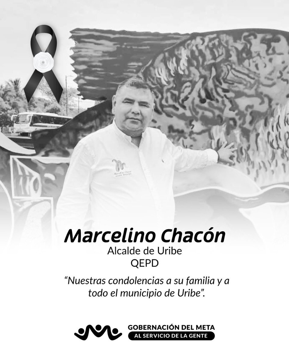 GobMeta's tweet photo. Con profundo dolor despedimos a Marcelino Chacón, alcalde del municipio de Uribe.

Nuestras más sentidas condolencias a sus familiares y amigos, y solidaridad con el pueblo uribense. Descanse en paz. https://t.co/zas1NOrNpa