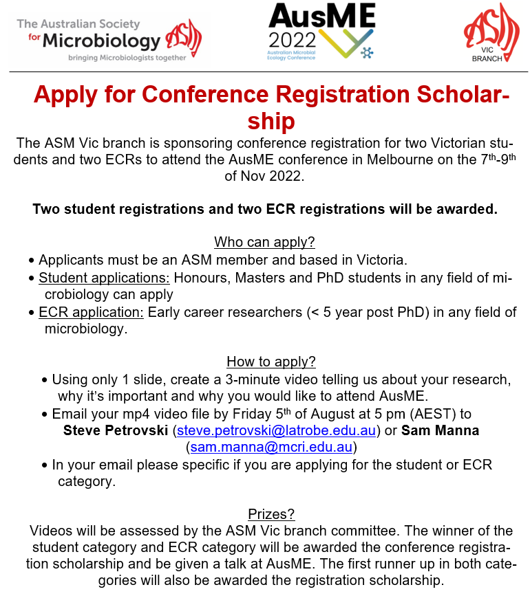ASM_VicBranch's tweet photo. AusMe 2022 is on this November and we are sponsoring 2 students and 2 ECRs to attend! Winners will be awarded a talk at the conference and runners up will be awarded registration. See flyer attached and apply now! https://t.co/0HqHvOxBBU