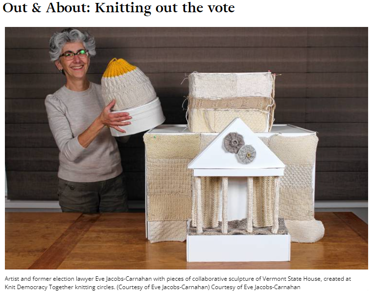 knithacker's tweet photo. Learn about Eve Jacobs-Carnahan's civic engagement project, "Knit Democracy Together" 👉 https://t.co/JmXqROMo75 via @VNewsUV #knitting #democracy #craftivism #craftivist https://t.co/ZWrHIZPanY