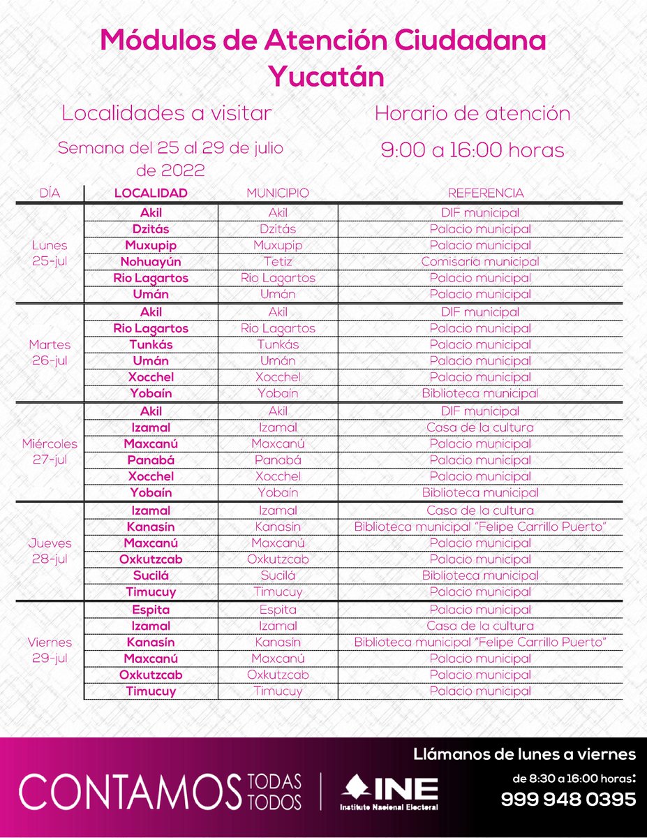INEYucatan's tweet photo. 🚧🚨Atención municipios de👇: #Akil #Dzitás, #muxupip #Tetiz #RíoLagartos #Umán ##Tunkas #Xocchel #yobaín #IzamalYucatan #Panabá #Kanasín #Oxkutzcab #Sucilá #Timucuy y #Espita, los módulos de atención ciudadana del @INEYucatan visitarán tu localidad del 25 al 29 de julio de 2022 https://t.co/WeYltegK56