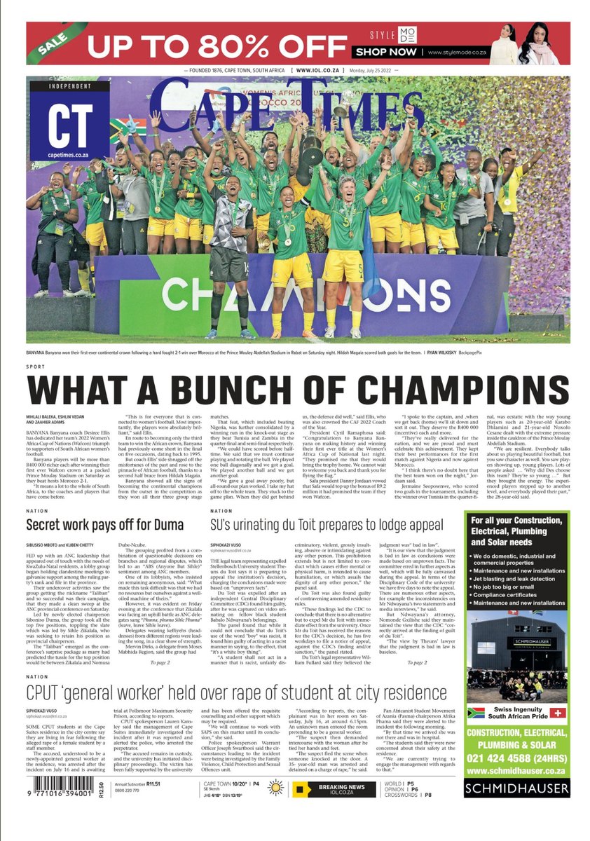 newcastlejourno's tweet photo. Here is #Mondays front page from the:
#CapeTimes #Africa
#TomorrowsPapersToday https://t.co/voTGk8P6gC
