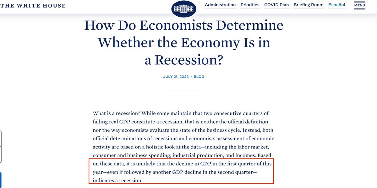The Biden administration is preparing us for the GDP numbers this week. From this post (21 July) it’s clear that the GDP numbers are negative again and now they are trying to change the definition of a recession. These are the same people that told us inflation was transitory!