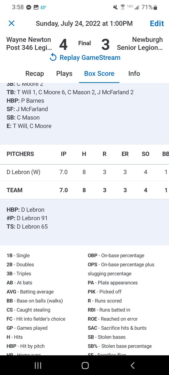 Box score from today..... Proud of these boys....we get to play another day.   

Derek Lebron:  7 IP,  9 hits,  3 ER,  4 ks,  1 BB
Cade Moore: 2-3, 1 r, 1 rbi
Jackson McFarland: 2-2, 1 rbi
Tyler Will: 1-3, rbi
Caden Mason: 1-3, 1 rbi