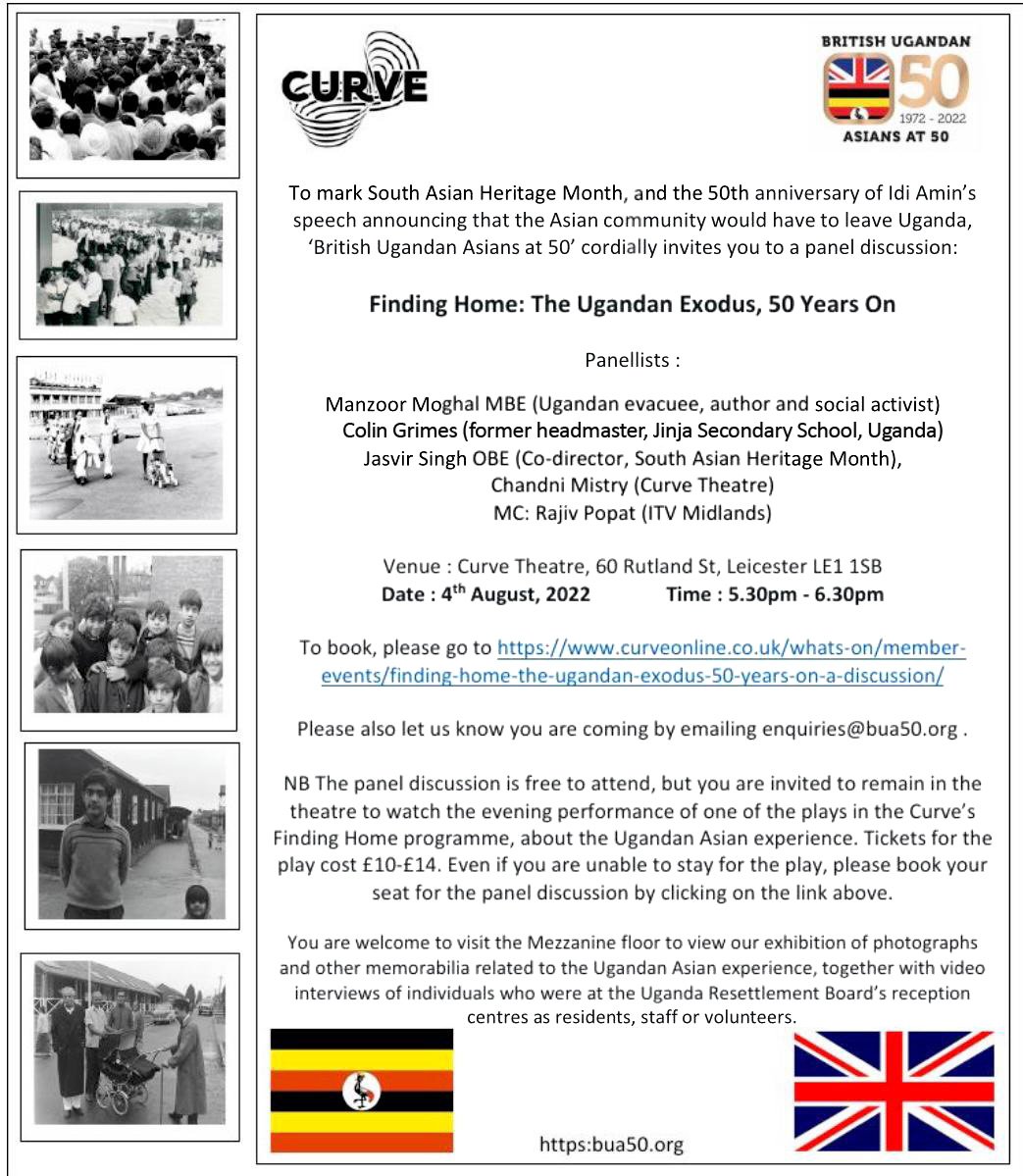 UgandanAsians50's tweet photo. Don't miss what promises to be a riveting, moving and informative discussion about the Ugandan Asian expulsion on Thursday 4th August @CurveLeicester where our touring exhibition is currently based. Tap link in bio for tickets; free to attend. https://t.co/98pnWvMZDm