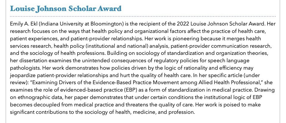 IU Schuessler Institute for Social Research (@schuessler_iu) on Twitter photo Congratulations to <a href="/IUSociology/">IU Sociology</a> Ph.D. candidate Emily Ekl (<a href="/EklEmily/">Emily Ekl</a>) for receiving the Louise Johnson Scholar Award from <a href="/ASAMedSoc/">ASA Medical Sociology</a>! Read more about her research below! Congratulations to <a href="/IUSociology/">IU Sociology</a> Ph.D. candidate Emily Ekl (<a href="/EklEmily/">Emily Ekl</a>) for receiving the Louise Johnson Scholar Award from <a href="/ASAMedSoc/">ASA Medical Sociology</a>! Read more about her research below!