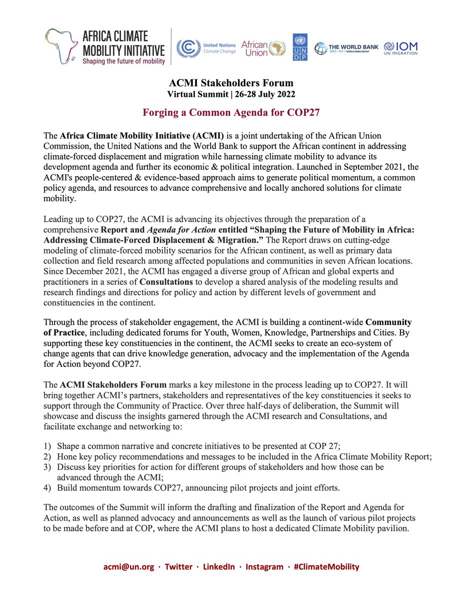 Join us for the ACMI Stakeholders Forum to discuss the future of mobility amidst the climate crisis. Together, we are forging a common #ClimateMobility agenda for #COP27!

The agenda with all sessions &amp; speakers: bit.ly/ACMI_Stakehold…
Register here: bit.ly/ACMI_Stakehold…