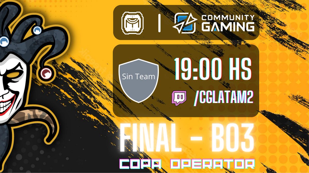 #MATCHDAY #VALORANT #LATAM

🏆 Final de la #CopaOperator organizada por 
<a href="/CGaming_LatAm/">Community Gaming LatAm</a>

⚔️ |  #Jesters vs #SinTeam (Mix dirigido por <a href="/SherlockCoach/">Rosarino💙💛💙💛</a>)

🕗 | 19hs 🇦🇷 | 18hs 🇨🇱
📺 | twitch.tv/cglatam2

Los esperamos en el chat para ir a alentar a #Jesters 💪