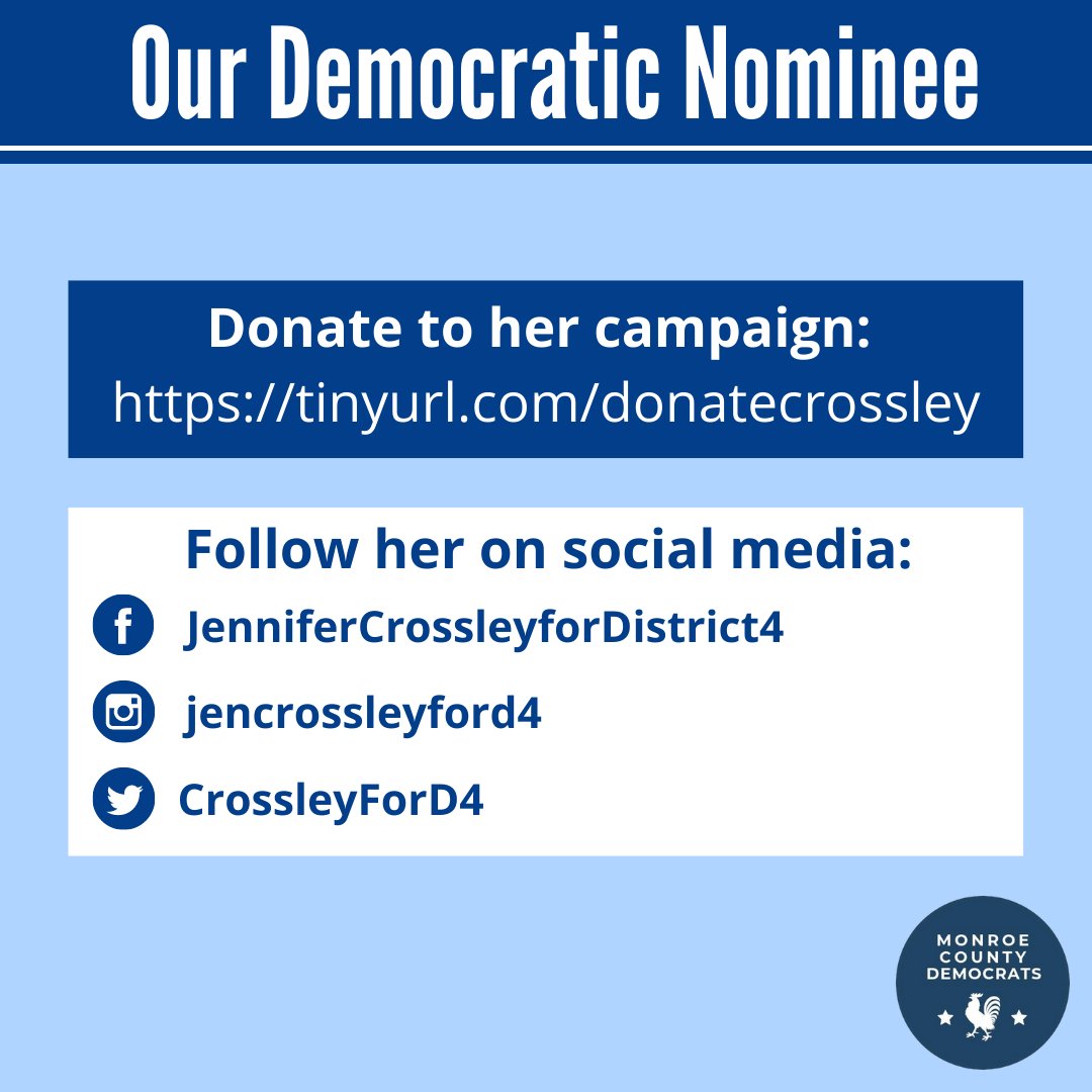 monroedems's tweet photo. Meet our candidate for County Council District 4 — Jennifer Crossley!

Donate to Jennifer's campaign: 
https://t.co/c210aEPwWs

Follow her on Twitter: @CrossleyForD4 https://t.co/BR04s2UGmx