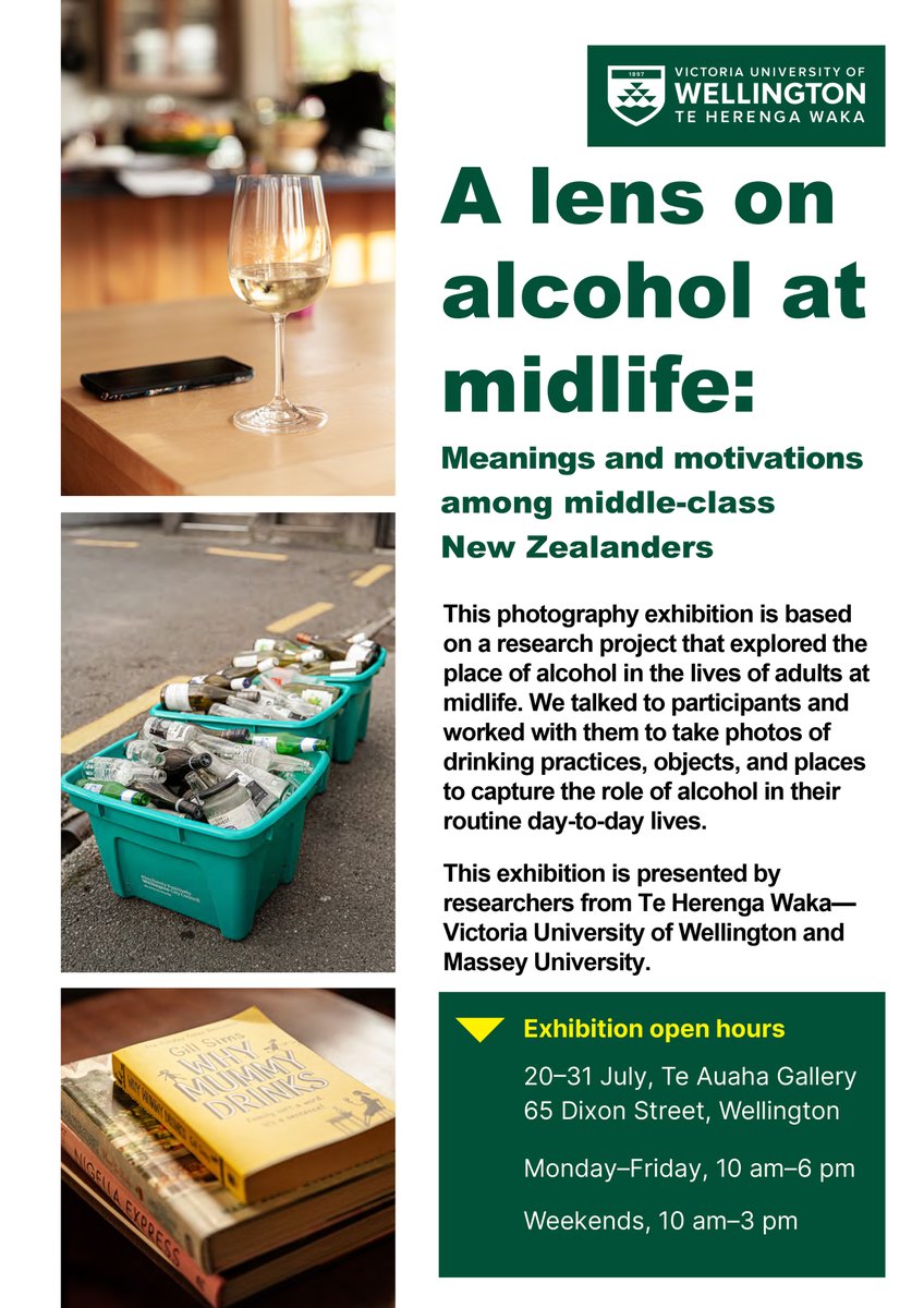 If you're in Wgtn this exhibition is well worth a visit! It's based on research done at Vic Uni - aimed at disrupting the thinking so many of us have that booze is a normal, everyday thing (when in reality it's causing harm to so many). <a href="/JessYoungTweets/">Dr Jessica Young</a>