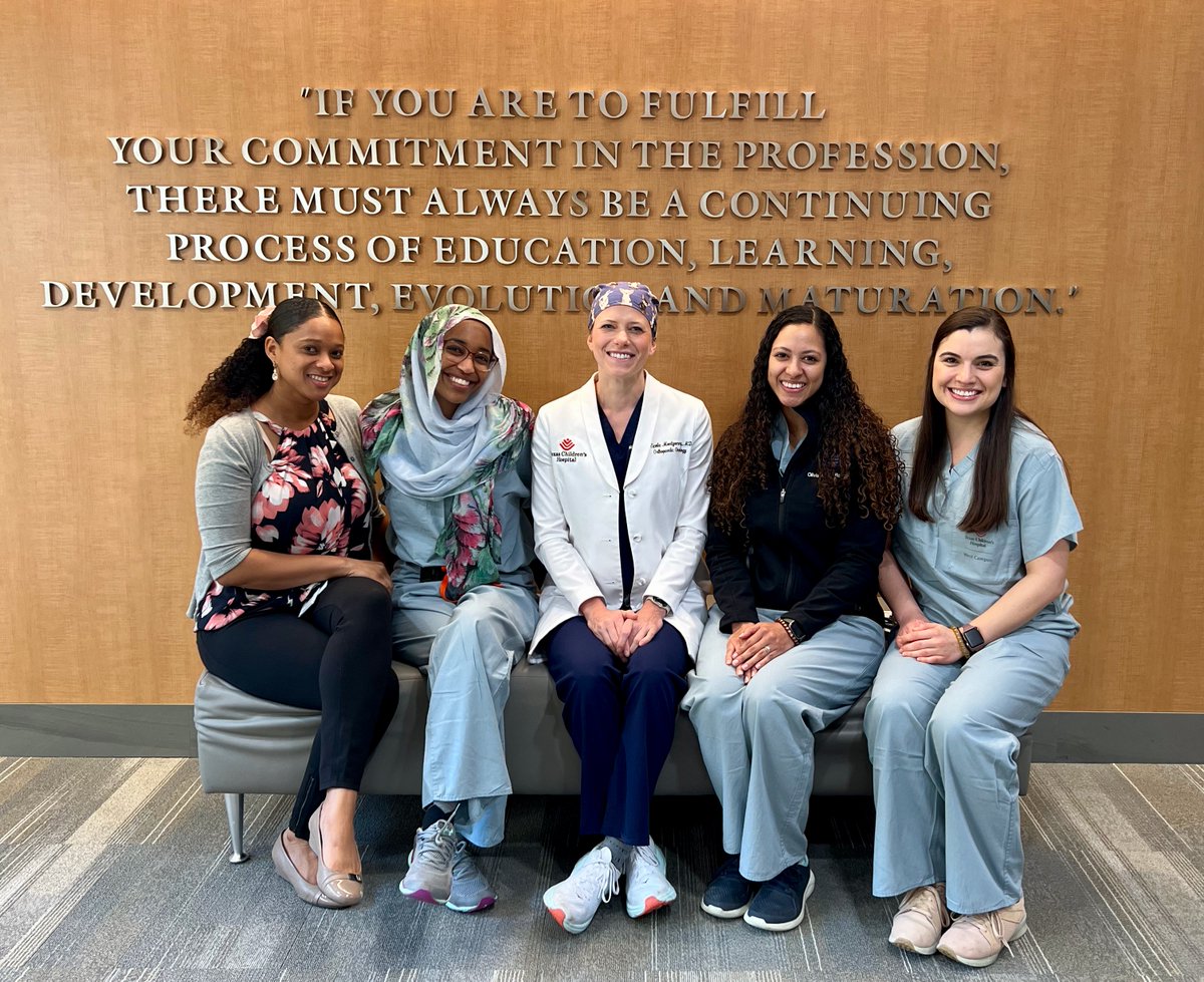 BrianGSmith6's tweet photo. For the first time ever, the 4 rotating Ortho residents @TCH from @BCMHouston are all women &amp; all URM seen here with our TCH RD Nicole. Our 2 graduating Fellows are women, Jessica and Rachel. Is there a more diverse Ortho program out there?
#OrthoWomen https://t.co/MSfx9CnuMR