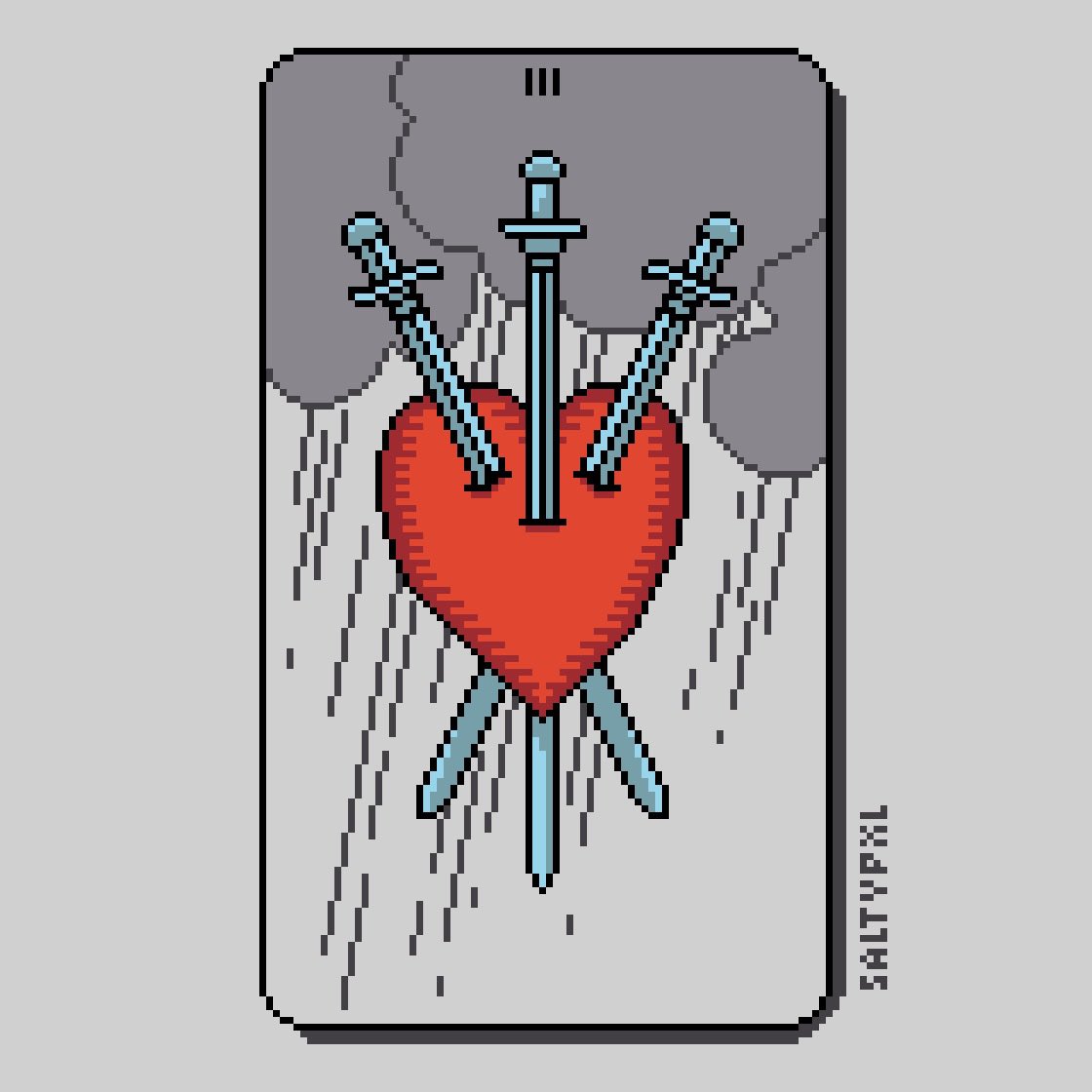 floatbonestudio's tweet photo. Another tarot card for my eighth @Pixel_Dailies with the theme of #broken 💔🗡☁️
#pixel_dailies #pixelart #threeofswords #tarot #tarotcard #pixeltarot #pixaki #pixakiapp 
160x160px https://t.co/0aC84u1Xd5