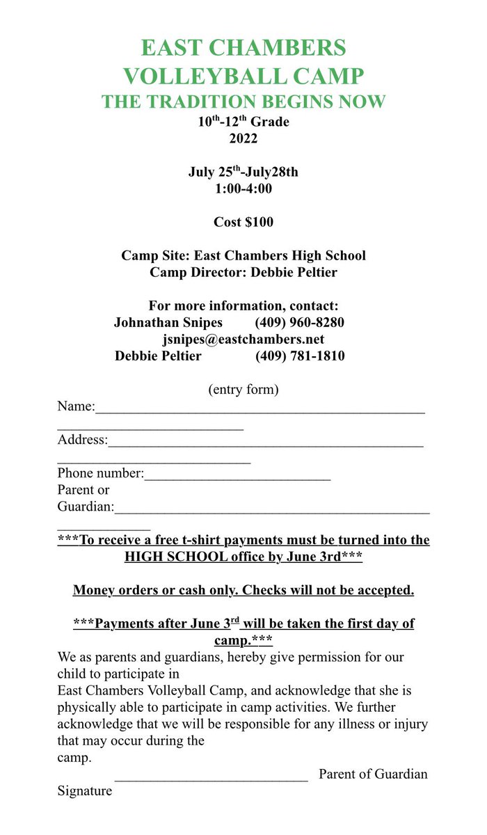 ECBucsProgram's tweet photo. Don’t forget about the East Chambers Volleyball Camp this week. Monday through Thursday. Just find your age group and come ready to work. #HappyCamping https://t.co/V8JQNVdKxQ