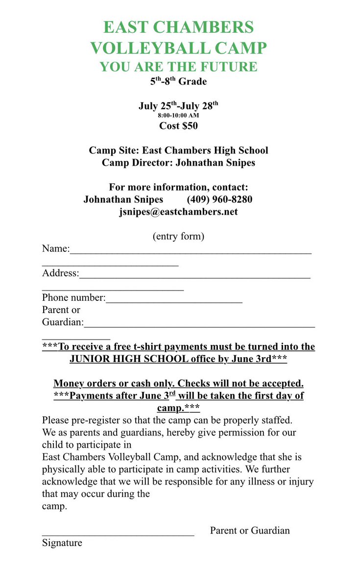 ECBucsProgram's tweet photo. Don’t forget about the East Chambers Volleyball Camp this week. Monday through Thursday. Just find your age group and come ready to work. #HappyCamping https://t.co/V8JQNVdKxQ