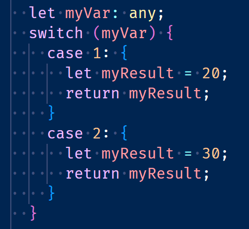 Colin73779724's tweet photo. @chrislpenner Not sure how it works in other languages but you can use blocks in Typescript to give each case its own scope. I just wish they could be used as expressions. One day the pattern matching proposal will make it into the language and there will be much rejoicing. https://t.co/kXbF2tOv7o
