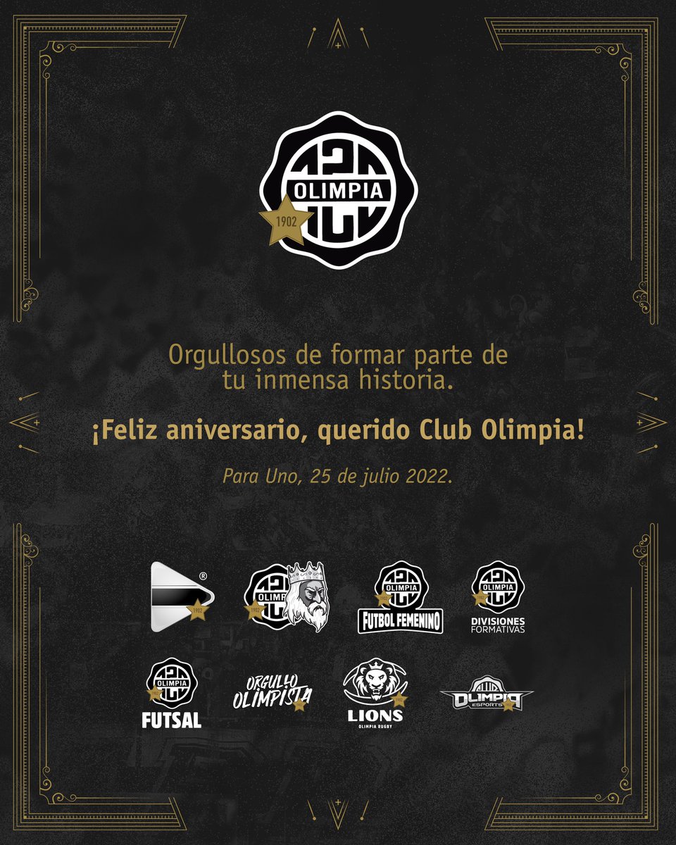 No se compara con nada.

Simplemente se siente.

Vivimos el día a día, nos enorgullece ser parte de tu inmensa historia.

¡Feliz aniversario, querido Club Olimpia!

#Olimpia120

#Olimpia𝗡𝘂𝗻𝗰𝗮Para ⚪⚫⚪