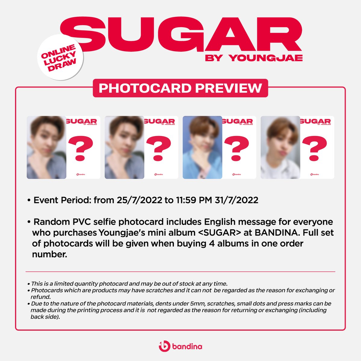 BANDINA X YOUNGJAE 2nd Mini Album 'SUGAR' ONLINE LUCKY DRAW EVENT ➠ FREESHIP IN VIETNAM & THAILAND 🎁 Random PVC selfie photocard includes English message 🔗 VN: bit.ly/youngjaevietnam 🔗 ไทย: bit.ly/youngjaethaila… 🔗 GLOBAL: bit.ly/youngjaeglobal